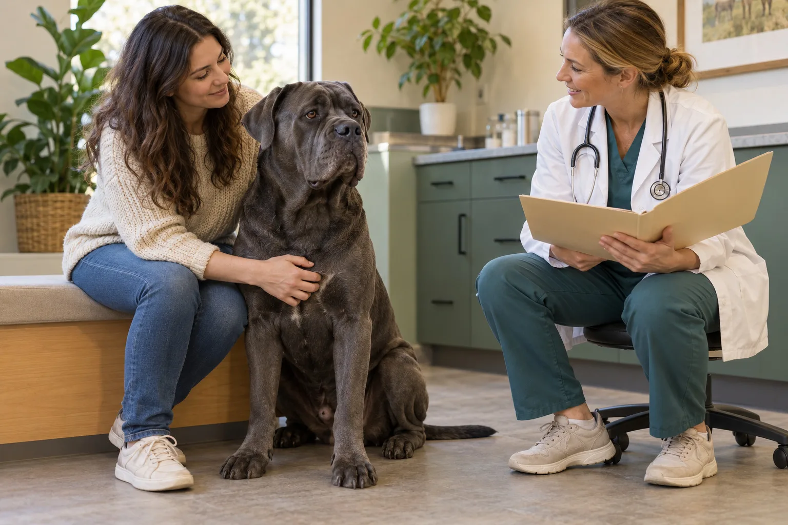 Owner and veterinary professional reviewing papers beside a large dark-coated dog